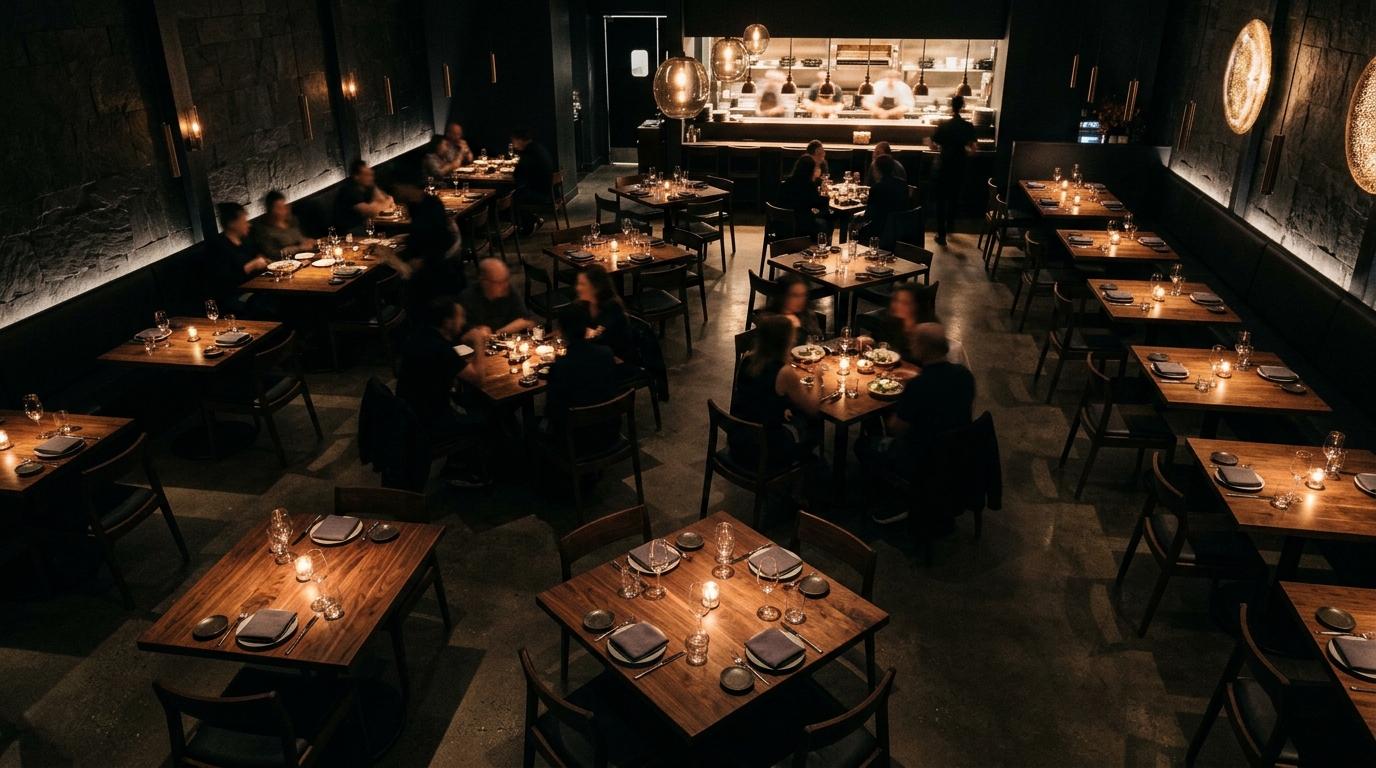 Vista superior de un restaurante con mesas ocupadas y disponibles, en tonos azul marino y negro, mostrando gestión de aforo