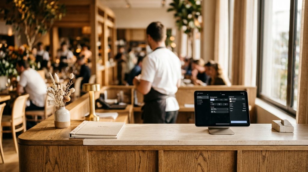 Mostrador de reservas en restaurante con tablet mostrando sistema de cobro de fianza por reserva, paleta azul y negro.
