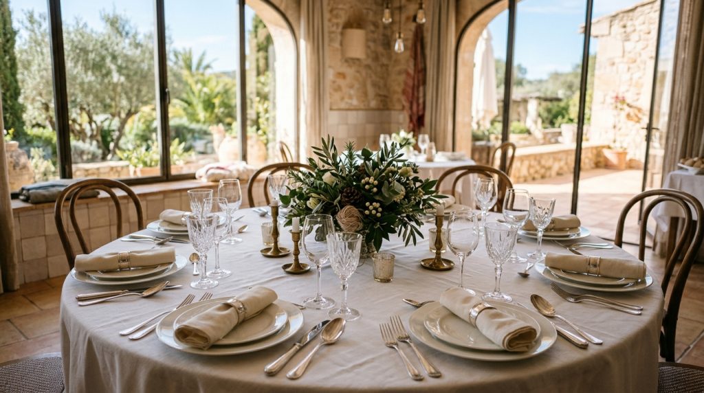 Mesa redonda elegante en restaurante preparada para comida de empresa, con cubertería profesional y decoración en tonos azul