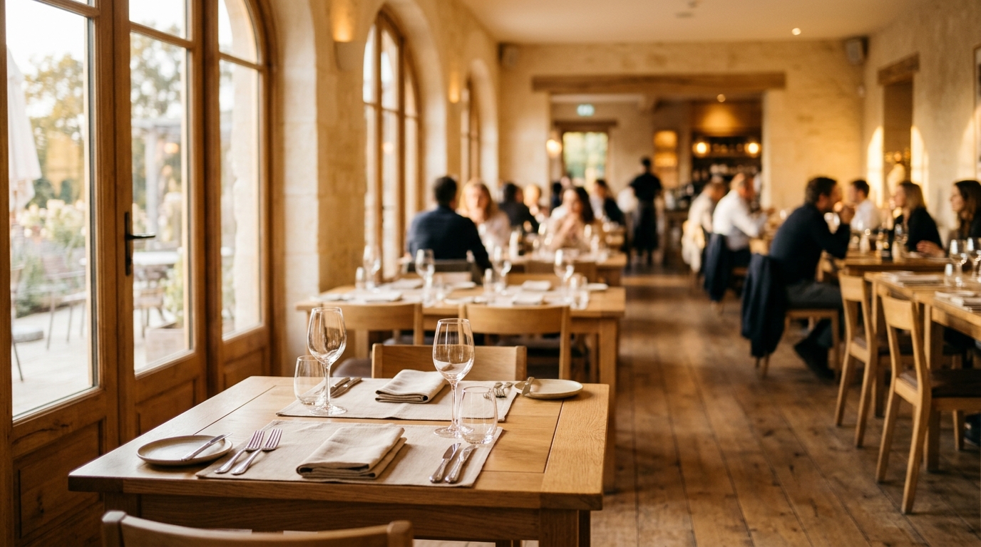 Comedor de restaurante con mesas vacías en horarios valle y progresivamente llenas durante servicio de pico, mostrando
