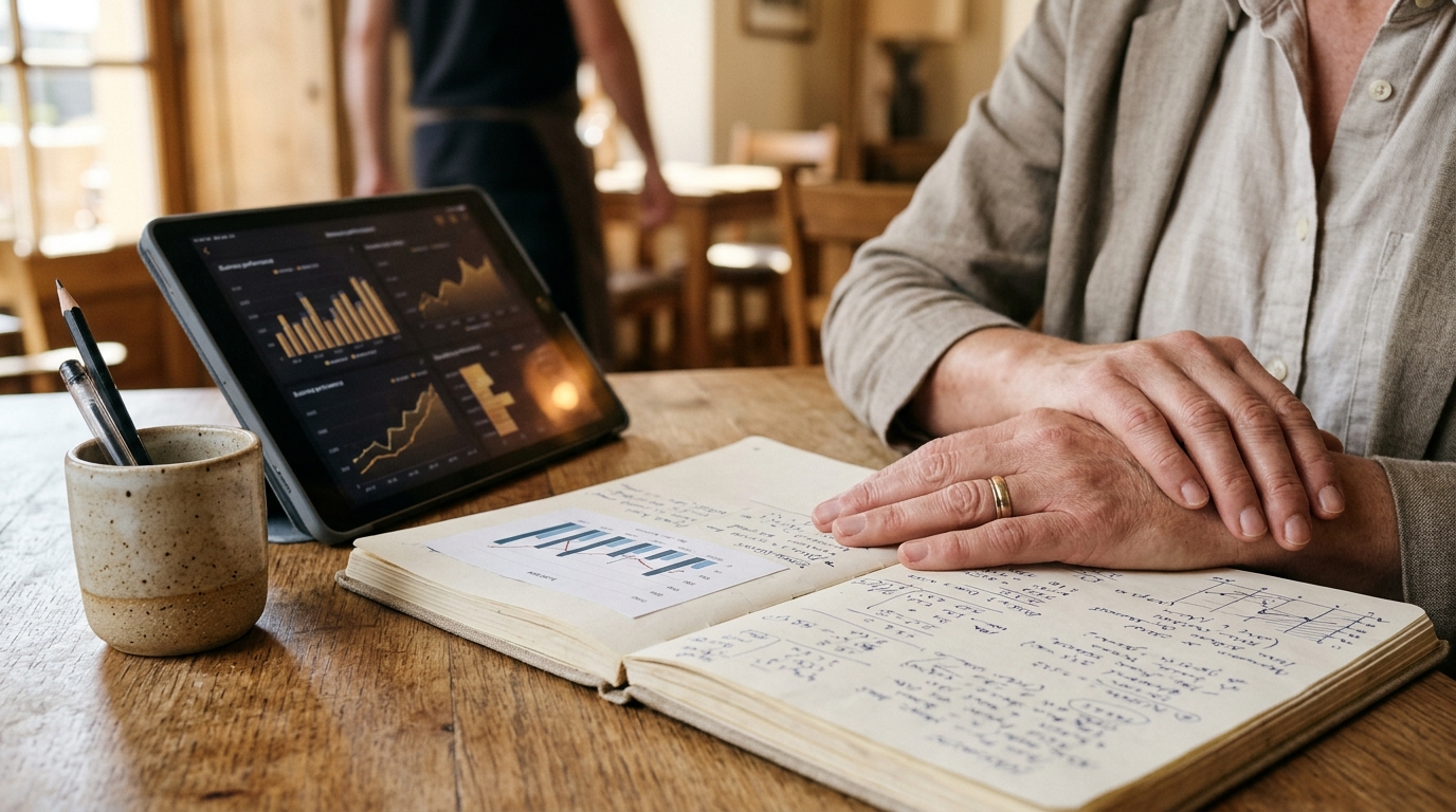 Manos de gestor analizando datos de reservas en tablet y cuaderno sobre escritorio ordenado con gráficos de métricas de