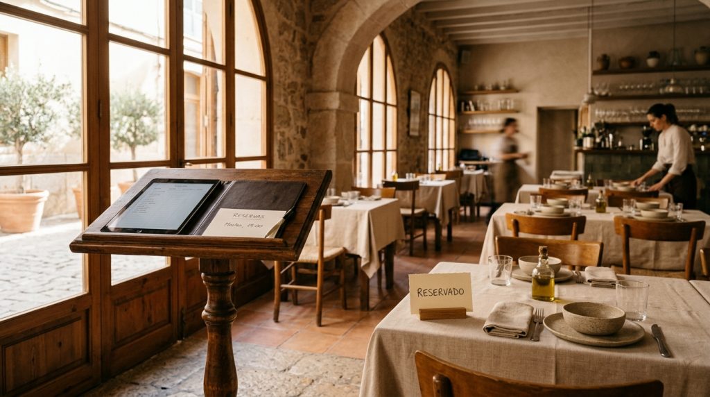 Mesa de restaurante con tarjetas de reserva y portapapeles mostrando importes de fianza según tipo de reserva.