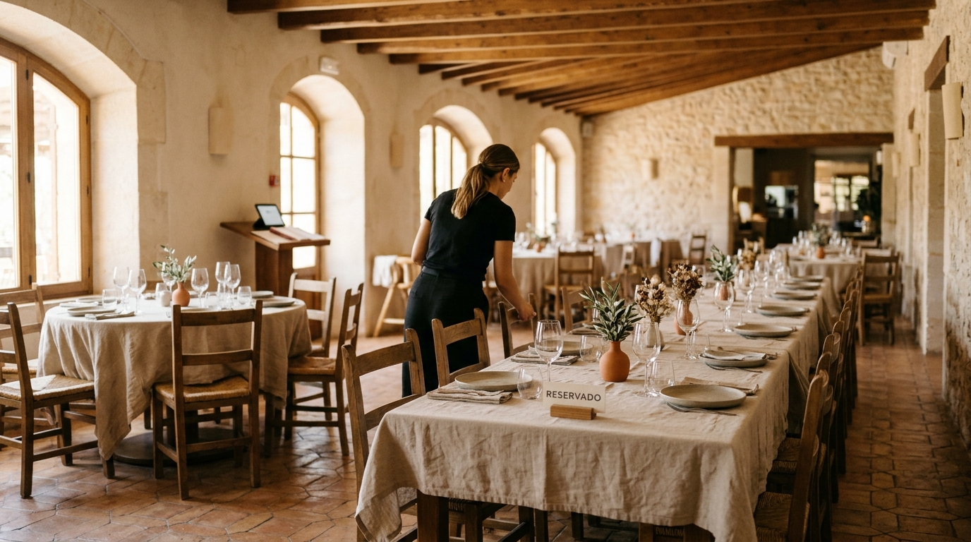 Grupo numeroso en restaurante con varias mesas dispuestas juntas, mostrando depósito por reserva para comidas de grupo.