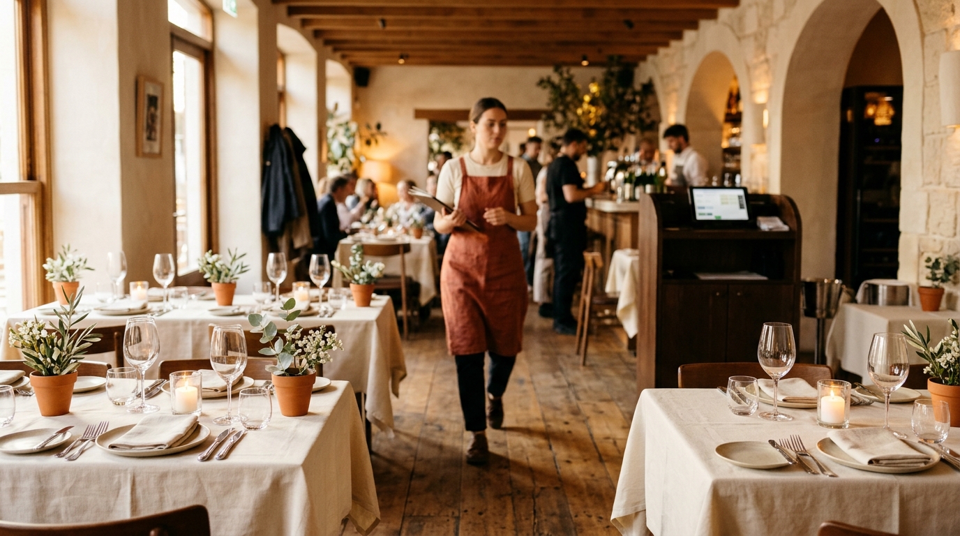 Comedor festivo de restaurante en temporada alta con decoración premium y calendario de fechas especiales, reflejando