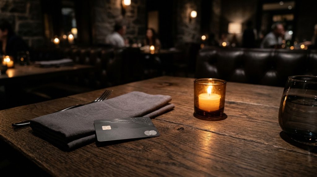 Tablet con interfaz de reserva mostrando garantía con tarjeta en un restaurante moderno con paleta negro y azul.