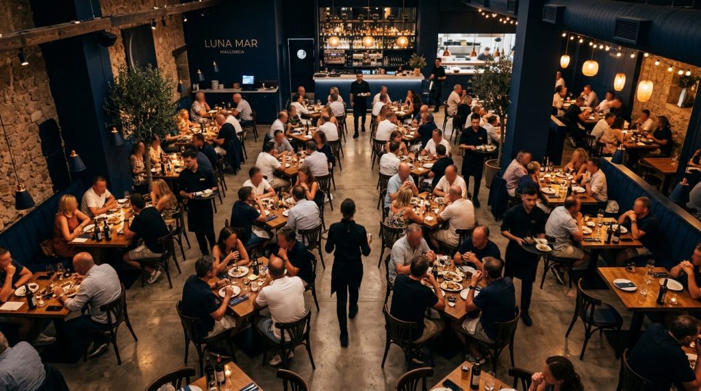 Comedor de restaurante lleno durante temporada alta con mesas ocupadas, personal atendiendo, paleta en azul marino y negro.