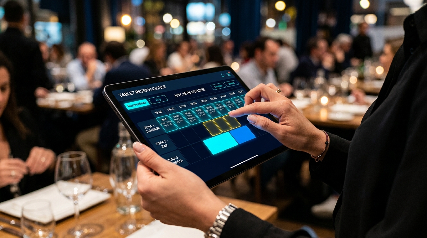 Pantalla de gestión de reservas online en tablet con calendario de citas y datos de clientes, tonos azul marino y negro.
