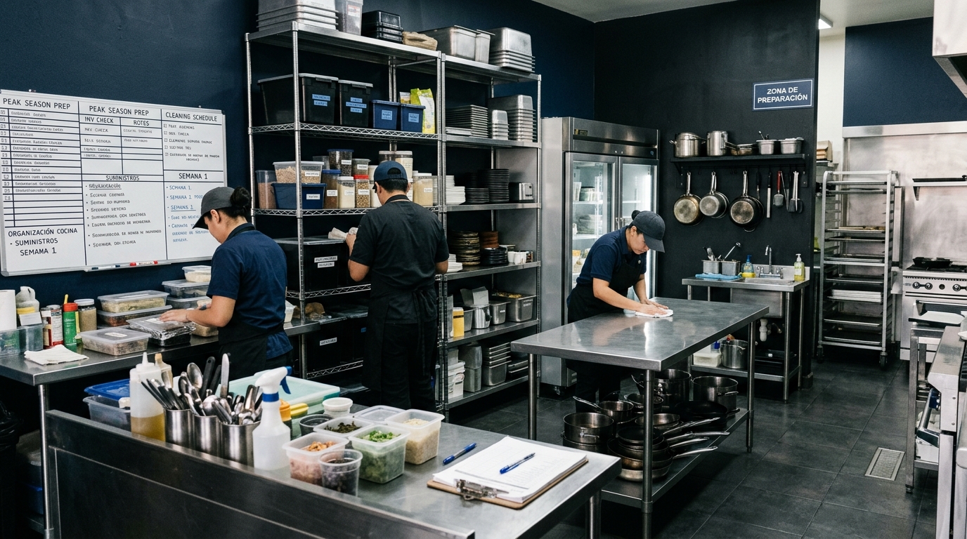 Cocina de restaurante siendo preparada con organización de equipos y suministros, ambiente de preparación profesional en