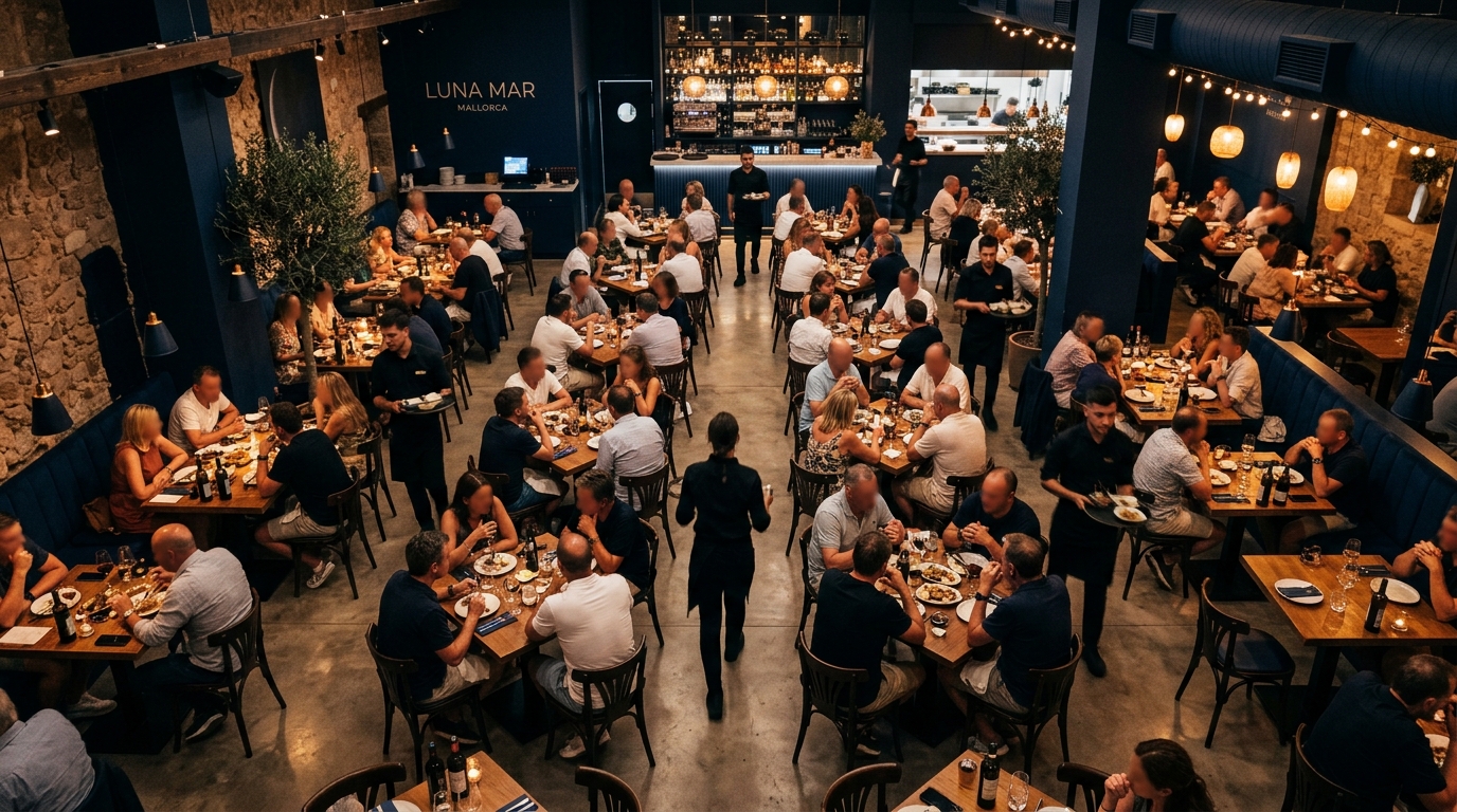 Comedor de restaurante lleno durante temporada alta con mesas ocupadas, personal atendiendo, paleta en azul marino y negro.