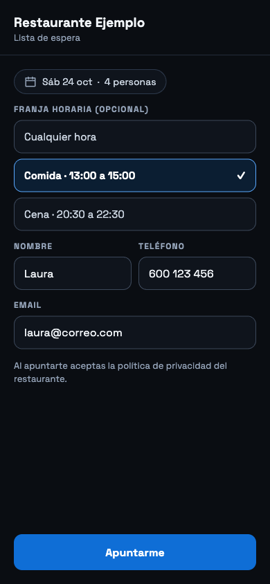 Formulario de reserva con el día completo y el botón Apuntarme a la lista de espera