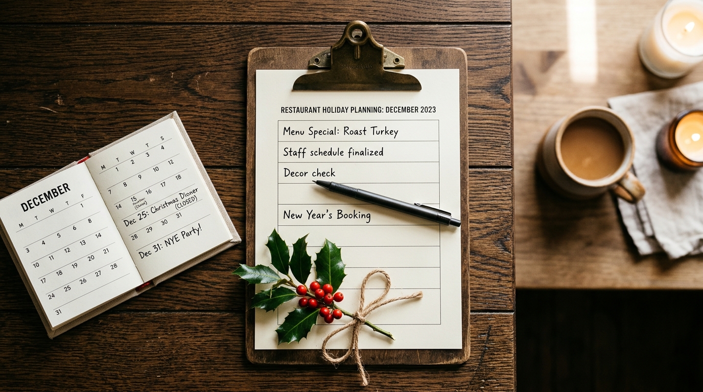 Checklist impreso sobre escritorio de restaurante en tonos azul oscuro y negro, con documentos de planificación y notas de