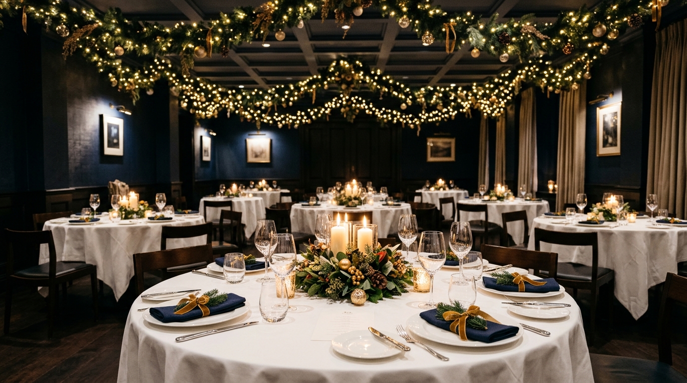 Comedor de restaurante elegante decorado para Navidad con paleta azul oscuro y negro, mesa preparada con ajustes festivos y