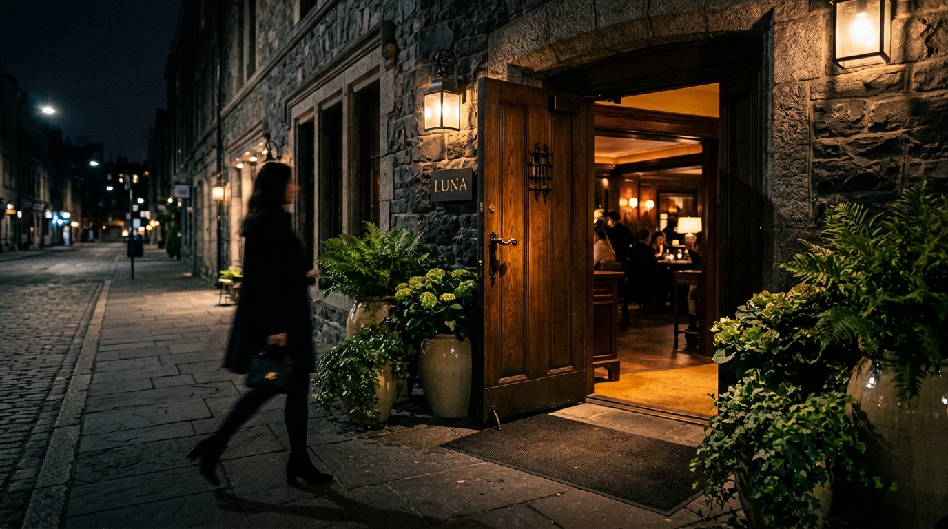 Interfaz de reserva en smartphone junto a entrada de restaurante, mostrando activación del canal directo sin perder reservas.