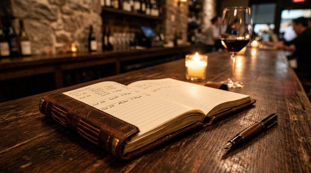 Escritorio de reservas con tablet y libreta de anotaciones en tonos azul oscuro y negro, simbolizando reservas directas en
