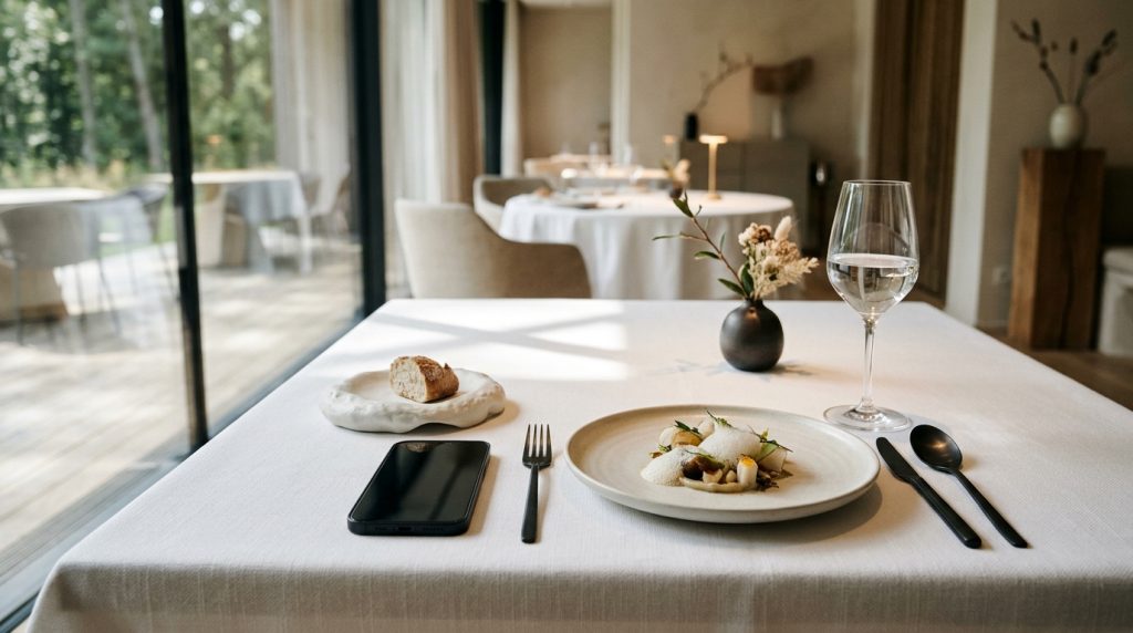 Interfaz de sistema de reservas restaurante multiidioma en tablet mostrando confirmación en varios idiomas.